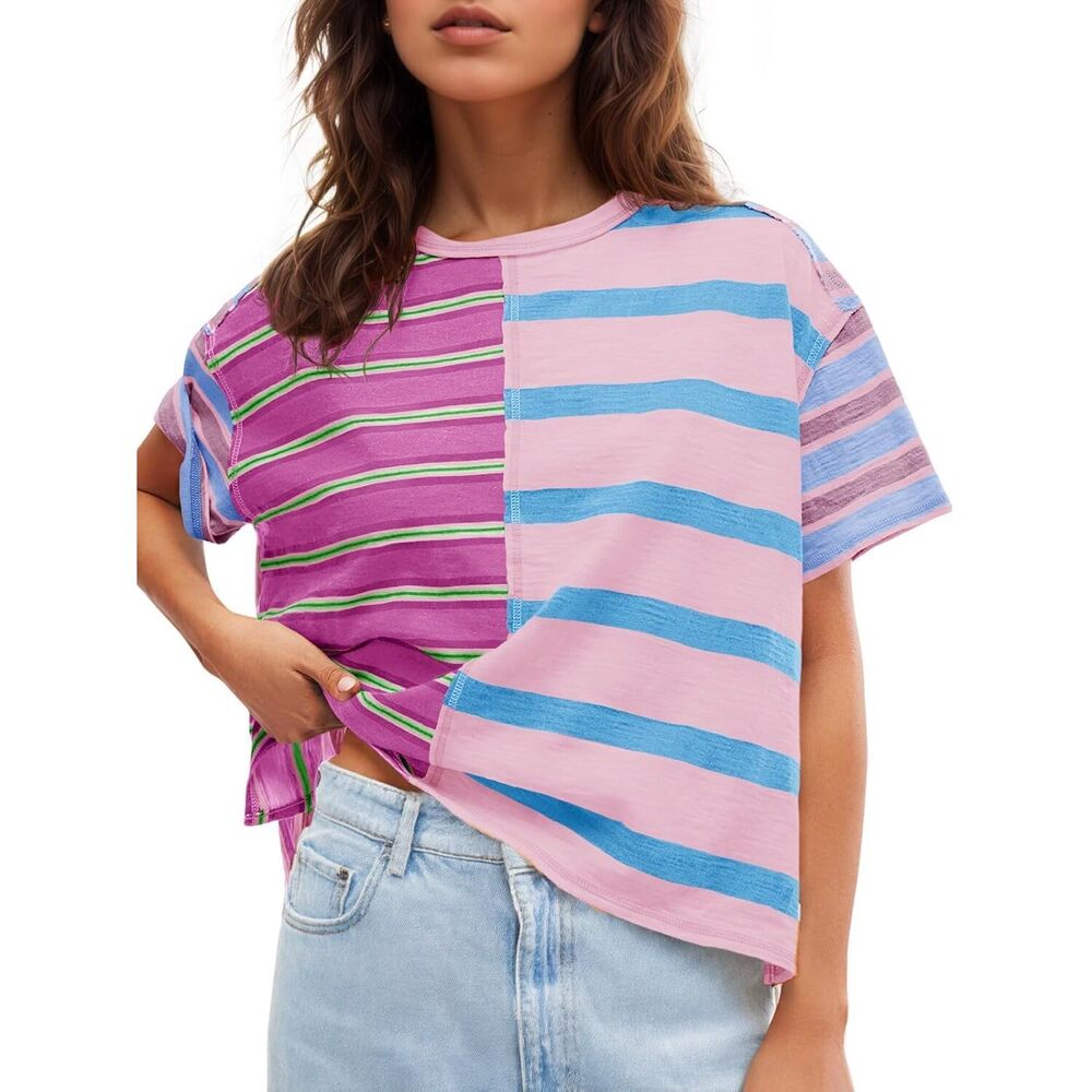 Womens Summer Striped Shirts Casual Color Block Short Sleeve Tops Loose